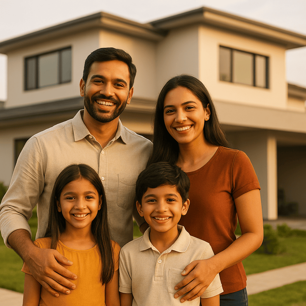 Happy family in front of modern home